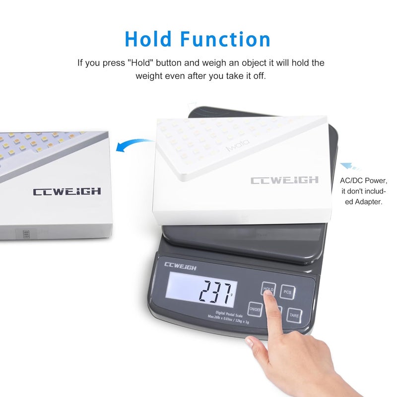 CCWEIGH Postal Scales 26lbs/0.03oz High Precision Food Scale for Kitchen with Hold,Tare and PCS,Portable Shipping Scale for Packages, Small Kitchen Business,Jewelry,Batteries Included （Grey26lbs/1kg） - Image 3